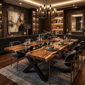 Live Edge matbord i akaciaträ, svart epoxi – Specialtillverkade moderna matmöbler