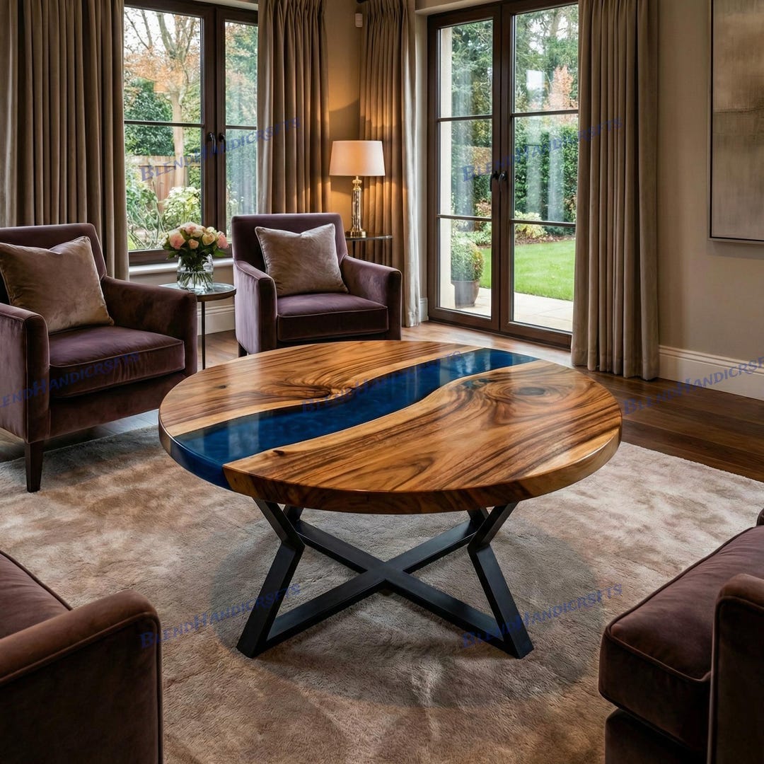 Metallic Blue Epoxy Round Coffee & Dining Table Handmade Natural Acacia ...