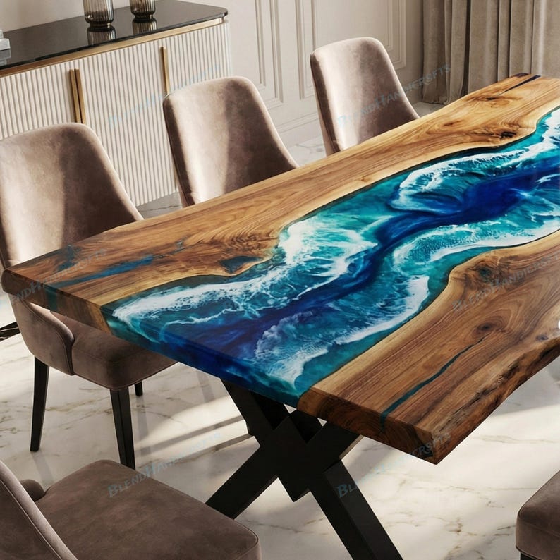 Custom Made Luxury Ocean Blue Epoxy Live Edge Dining Table in Natural ...