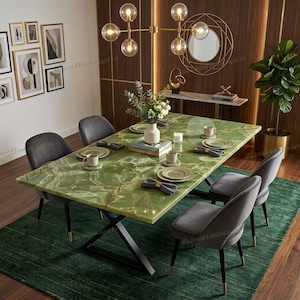 Tavolo da pranzo in onice verde naturale, mobile di lusso con pietre preziose, tavolo realizzato a mano su misura.