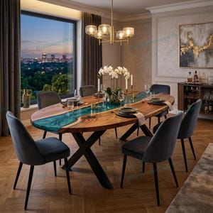 Metallic Green Epoxy Oval Table – Custom Resin Dining Table- Natural Solid Wood