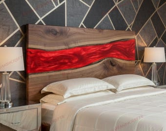 Custom Made Luxury Metallic Red Epoxy Bed Headboard in Natural Solid Wood