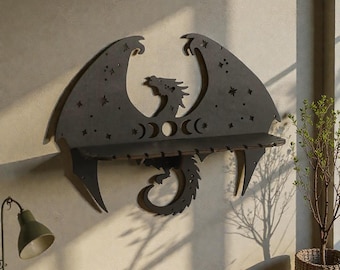 Estante de pared con forma de dragón en madera negra: altar flotante gótico para cristales y joyas