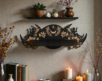 Estante de pared de madera con fases lunares para velas y joyas de cristal, decoración de altar lunar bohemio, diseño floral de hadas místicas, decoración espiritual para el hogar.