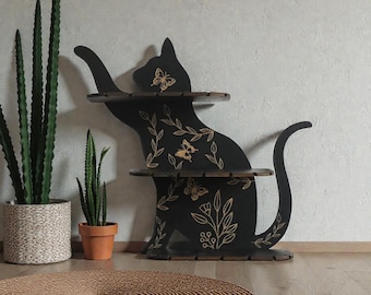 Estante flotante de pared de madera con diseño de gato negro y estampado floral de 3 niveles