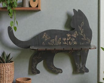 Estante de pared de gato negro con flores talladas: estante flotante de madera para cristales y decoración