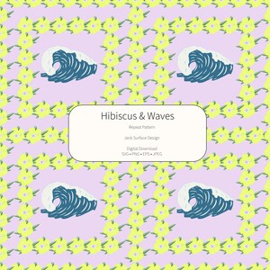Hibiscus and Waves Seamless Pattern | Tropical Floral Ocean Wave Vector | Yellow & Pastel Purple Patchwork Repeat