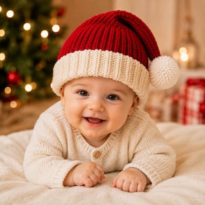 May include: A red and cream-colored knit hat with a ribbed texture and a white pom-pom on the side. The hat features a wide, folded cream-colored brim and a deep red crown, designed in a classic style with a soft, textured knit construction.