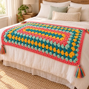 Granny Rectangle Crochet Blanket Pattern , Easy Chunky Afghan with Corner Tassels , Instant Download Pdf