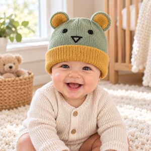 Baby Rabbit and Bear Hat Knitting Pattern , Animal Ear Beanie Set, 2 Sizes | Instant Download Pdf