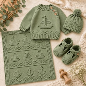 Könnte beinhalten: Ein salbeigrünes Strickset bestehend aus einem langärmeligen Pullover mit drei Holzknöpfen, einer passenden Mütze mit Bommel, einem Paar T-Spangen-Schühchen und einer rechteckigen Decke. Die Teile zeigen strukturierte nautische Motive wie Segelboote und Anker.