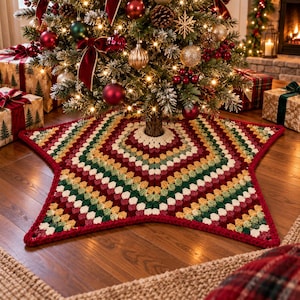 Häkelanleitung für eine Weihnachtsbaumdecke, Fünf-Zacken-Stern, Oma-Stich, gestreifte Weihnachtsdeko, Sofort-Download (PDF)