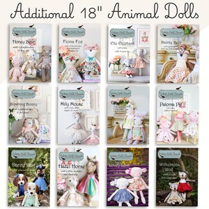 May include: A collection of twelve sewing patterns for 18-inch animal dolls by Violette Field Threads. Each pattern card features a specific character name like Honey Bear, Fiona Fox, and Dainty Deer, showcasing the doll in various outfits.