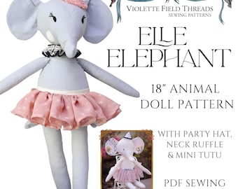 Elle Elephant Sewing Pattern, 18" Stuffed Animal Doll with Party Hat, Ruffle Collar & Tutu, Beginner Plush Toy Pattern (PDF Download)
