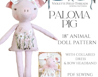 Paloma Pig Sewing Pattern, 18" Stuffed Animal Doll with Collared Dress & Bow Headband, Beginner Plush Toy Pattern (PDF Download)