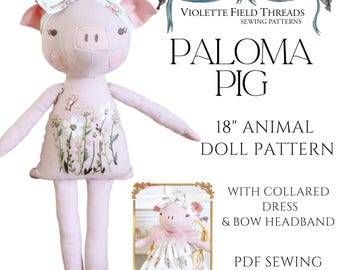 Paloma Pig Sewing Pattern, 18" Stuffed Animal Doll with Collared Dress & Bow Headband, Beginner Plush Toy Pattern (PDF Download)