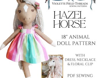 Hazel Horse Sewing Pattern, 18" Stuffed Animal Doll with Dress, Necklace & Floral Clip Beginner Plush Toy Pattern (PDF Download)