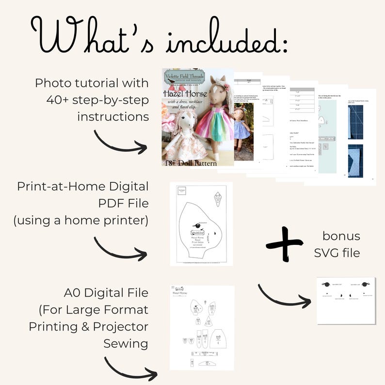 May include: A digital sewing pattern set titled What's included featuring a photo tutorial with 40+ step-by-step instructions for a Hazel Horse doll, a print-at-home PDF file, an A0 digital file for large format printing, and a bonus SVG file.