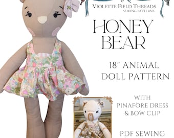 Honey Bear Sewing Pattern, 18" Stuffed Animal Doll with Pinafore Dress & Bow Clip, Beginner Plush Toy Pattern (PDF Download)