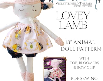 Lovey Lamb Sewing Pattern, 18" Stuffed Animal Doll with Top, Bloomers & Bow Clip, Beginner Plush Toy Pattern (PDF Download)