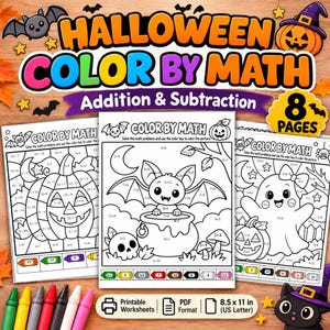 May include: A set of Halloween color by math printable worksheets in 8.5 x 11 inch PDF format. The pages feature black and white line art of a bat, a ghost, and a pumpkin with addition and subtraction problems and a color key at the bottom.