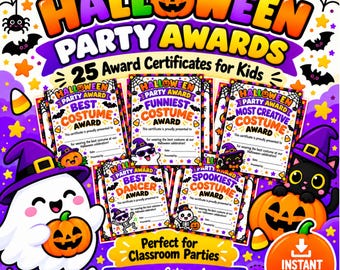 Può includere: Un set di 25 certificati di premiazione per feste di Halloween per bambini con illustrazioni colorate di fantasmi, zucche e gatti neri. Il testo recita Halloween Party Awards, 25 Award Certificates for Kids e Instant Download.