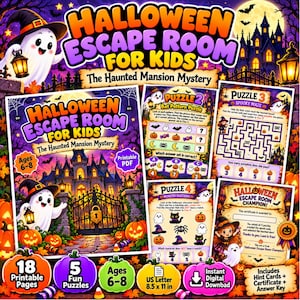 May include: A Halloween Escape Room for Kids printable PDF game titled The Haunted Mansion Mystery. The set includes 18 pages, 5 puzzles, and a champion certificate. Features a ghost, a haunted mansion, and US Letter 8.5 x 11 in size.