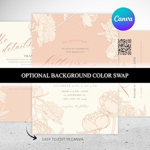 May include: Wedding invitation suite with a blush pink background and floral illustrations. The text includes details such as the date, time, and location. The Canva logo is visible. The text reads "We invite you to join us celebrate our marriage".