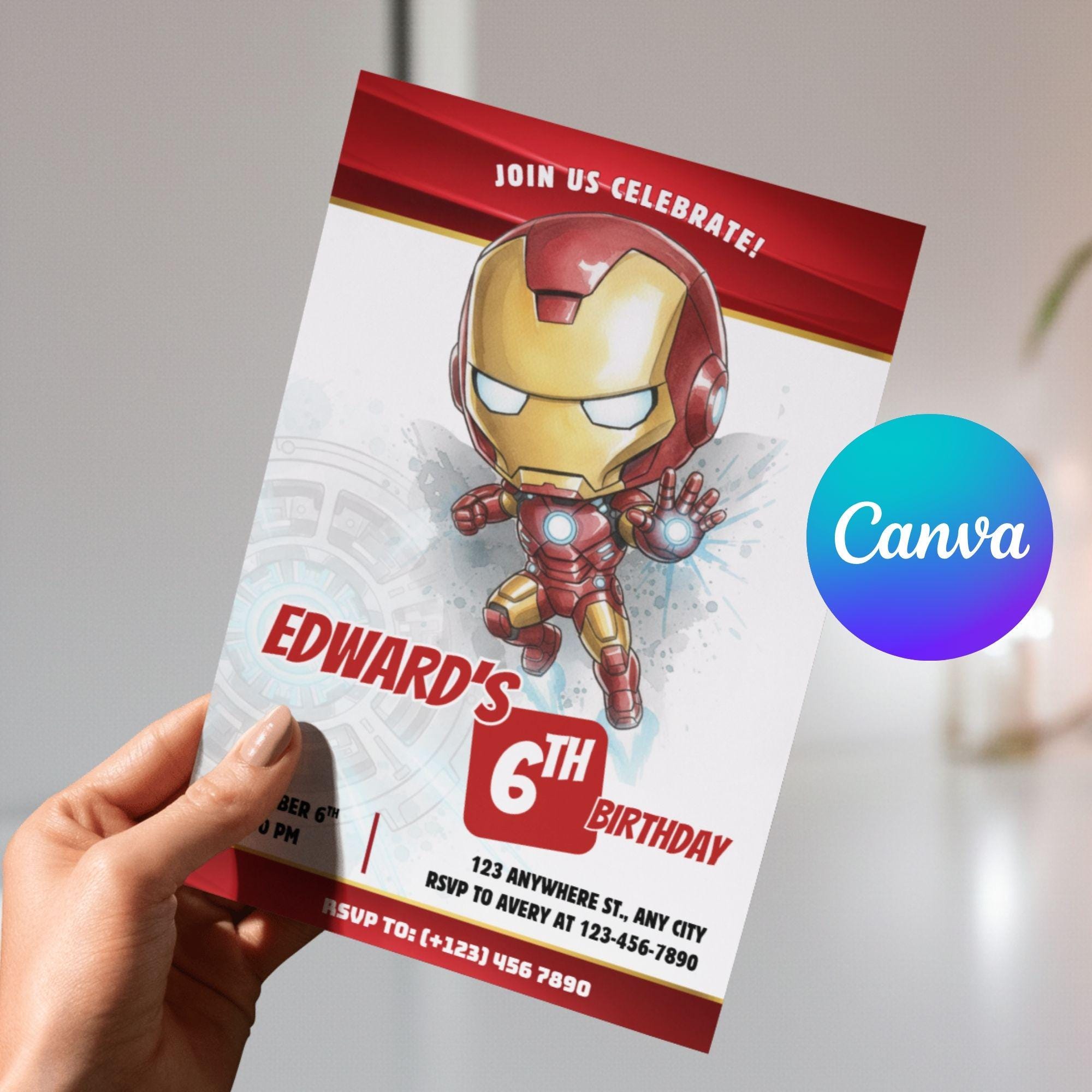 Iron Man Birthday Invitation Template, Editable Watercolor Superhero ...