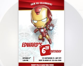 Plantilla de invitación de cumpleaños de Iron Man, editable en acuarela (13x18 cm) (descarga digital)