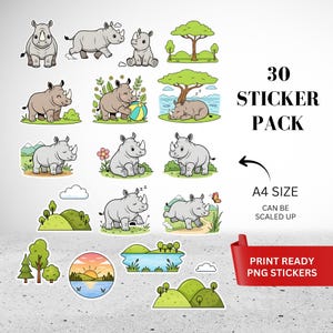 Puede incluir: Una colección de 30 pegatinas con temática de rinocerontes en varias poses y escenarios, incluyendo un rinoceronte durmiendo, un rinoceronte con una pelota y rinocerontes cerca de árboles y paisajes. Las pegatinas son de tamaño A4 y archivos PNG listos para imprimir.