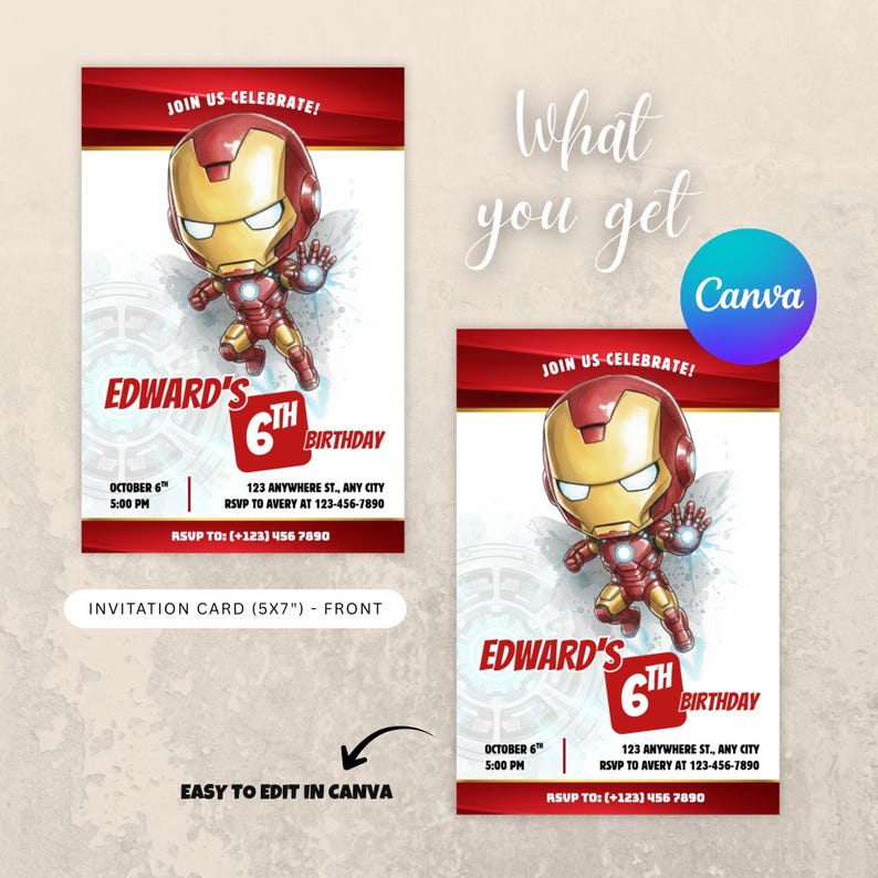 Iron Man Birthday Invitation Template, Editable Watercolor Superhero ...
