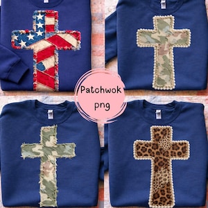 May include: Four navy blue sweatshirts with a cross design. The crosses feature different patterns: American flag, camouflage, and leopard print. The text "Patchwok png" is in a pink circle.