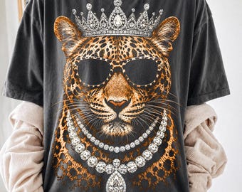 Paquete de imágenes PNG de leopardo glamuroso, leopardo mimado PNG, corona enjoyada, diseño de collar de diamantes para sublimación (descarga digital)