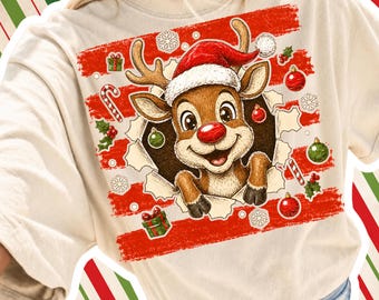 Cute Christmas Reindeer PNG, Striped Rudolph PNG, Santa png,  Retro Christmas Shirt Design, Holiday Sublimation PNG
