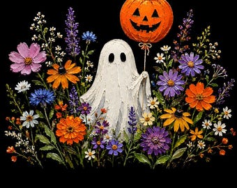 Fantasma de Halloween PNG, diseño de camiseta de fantasma de flores silvestres, gráfico de globo de calabaza, linda ilustración de fantasma floral espeluznante, impresión DTF de Halloween