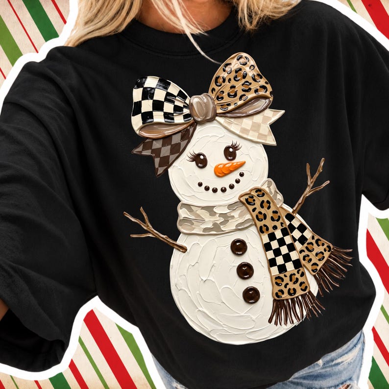 Christmas Snowman PNG, 300 Dpi Leopard Bow Snowman, Christmas PNG, Winter Holiday Sublimation, Christmas Shirt Design, Xmas Digital Download image 5