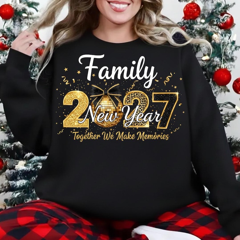 May include: A black long-sleeve sweatshirt featuring a gold graphic with the text Family New Year 2027 Together We Make Memories. The design includes a gold disco ball with a black bow, gold confetti, and the numbers 2027 in a glittery gold texture.