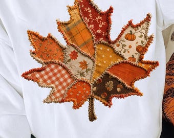 PNG de hoja de otoño / PNG de hoja de otoño en patchwork / Diseño de aplique de hoja de arce / PNG de camisa de otoño a cuadros de calabaza / PNG de sublimación de otoño