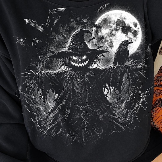 Jack O Lantern Witch Scarecrow PNG, Halloween Scarecrow Design, Spooky Pumpkin png, Crow Raven Full Moon, Dark Halloween Shirt Sublimation