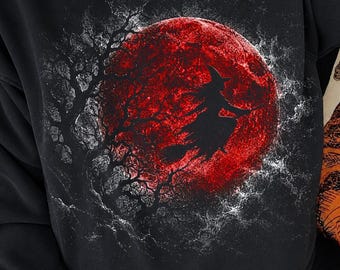 Bruja de Halloween PNG, Luna Roja de Halloween PNG, Silueta de Bruja Voladora PNG, Diseño de Camiseta de Halloween Espeluznante, Luna de Bruja DTF Sublimación PNG