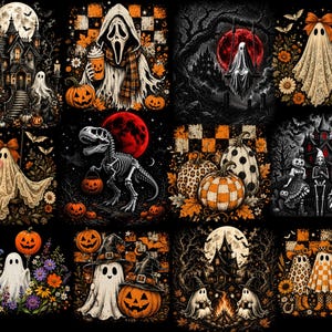 May include: A digital collage featuring twelve distinct Halloween-themed illustrations on a black background, including ghosts, haunted houses, skeletons, pumpkins, a dinosaur skeleton, and checkered patterns in orange, black, and white colors.