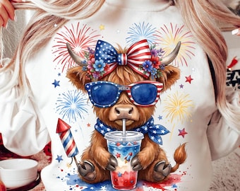 Patriotic Highland Cow PNG, 4th of July Cow Sublimation Design, Cute America highland cow, Trendy America USA Popular PNG, Digital Download