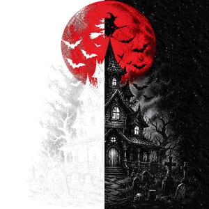May include: A graphic illustration split between white and black backgrounds featuring a haunted house, a graveyard with tombstones, and a skull. A large red moon sits above the house with a silhouette of a witch on a broomstick and bats.