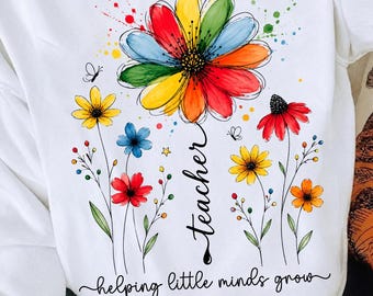 PNG de flor para maestra, diseño de camiseta "Ayudando a crecer a las mentes pequeñas", gráfico de flores silvestres coloridas para maestra, camiseta para maestra de preescolar y jardín de infantes, impresión DTF