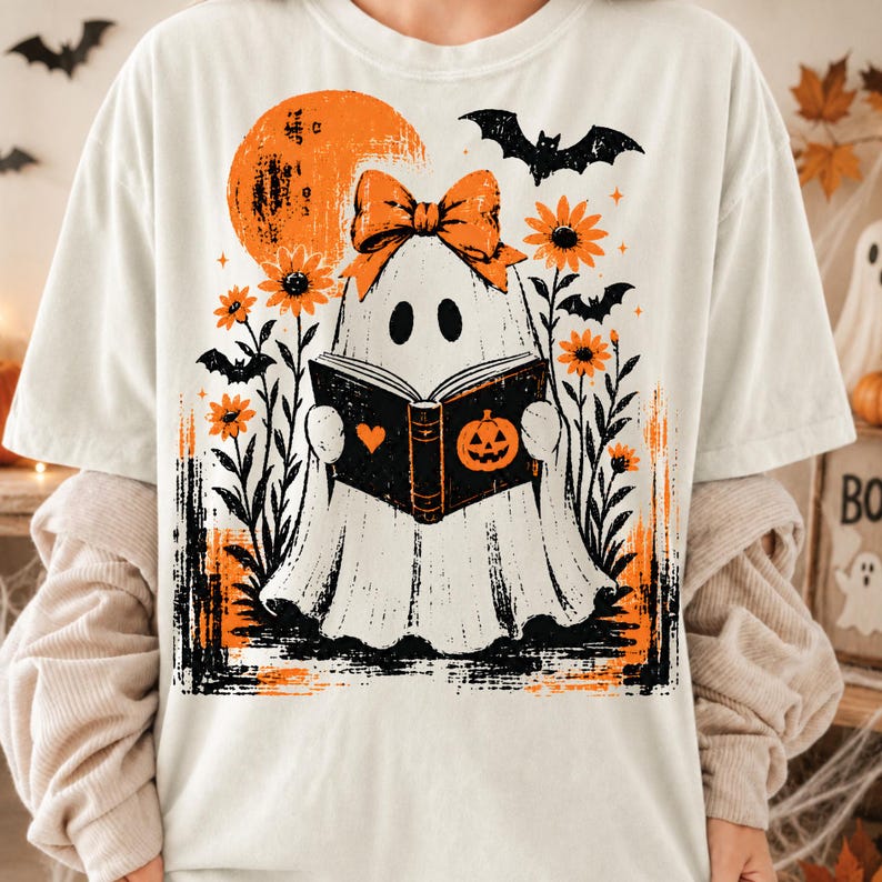 Pu&ograve; includere: Una t-shirt color bianco sporco con la grafica di un fantasma bianco che indossa un fiocco arancione, intento a leggere un libro aperto con l'icona di una zucca e un cuore. Il design include una luna arancione, pipistrelli neri e girasoli.