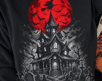 Casa embrujada PNG / Luna de bruja de Halloween PNG / Diseño de mansión gótica / Luna llena roja espeluznante PNG / Arte digital de camiseta de cementerio de Halloween