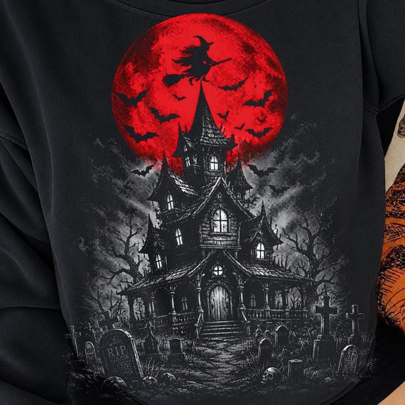 Haunted House PNG | Witch Moon Halloween PNG | Gothic Mansion Design | Red Full Moon Spooky PNG | Graveyard Halloween Shirt Digital Art