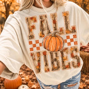 Fall Vibes PNG, Pumpkin Autumn PNG, Camo Fall Leaves Design, Orange Checkerboard PNG, Thanksgiving Shirt Sublimation, Digital Download