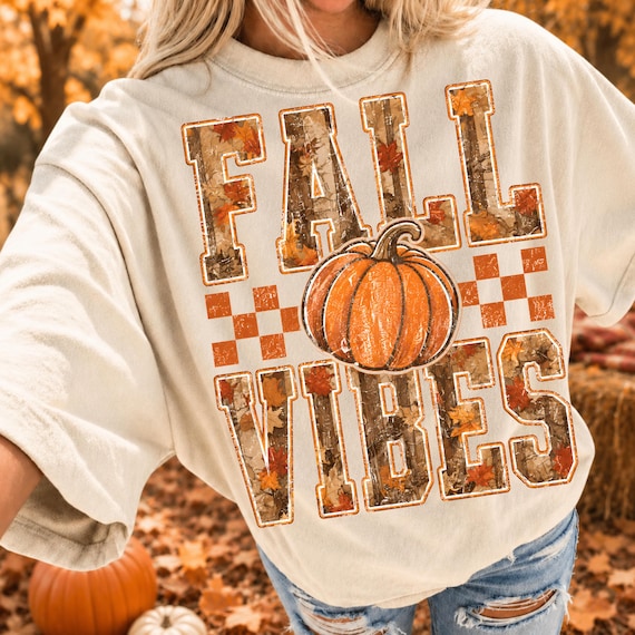 Fall Vibes PNG, Pumpkin Autumn PNG, Camo Fall Leaves Design, Orange Checkerboard PNG, Thanksgiving Shirt Sublimation, Digital Download